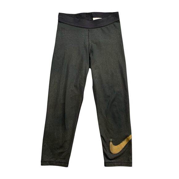 Nike Pro Leggings Womens XS Extra Small Black Gold Sparkle Training Swoosh Capri - Picture 1 of 14